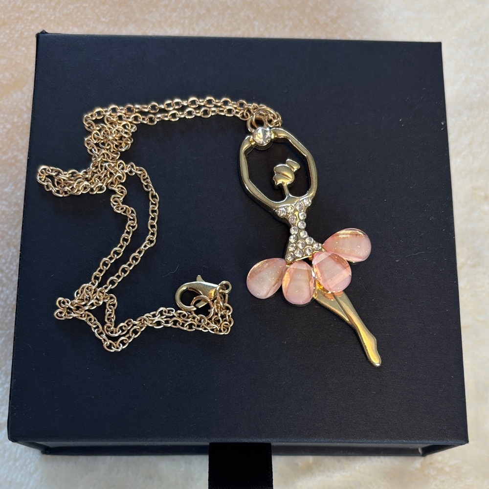 Elegant Gold and Pink Ballerina Tutu Pendant Necklace w/ Barrett - Super Sweet